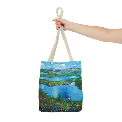 Stofftasche mit malerischer Seenlandschaft – Handbemalte Strandtasche mit Küstenkunst