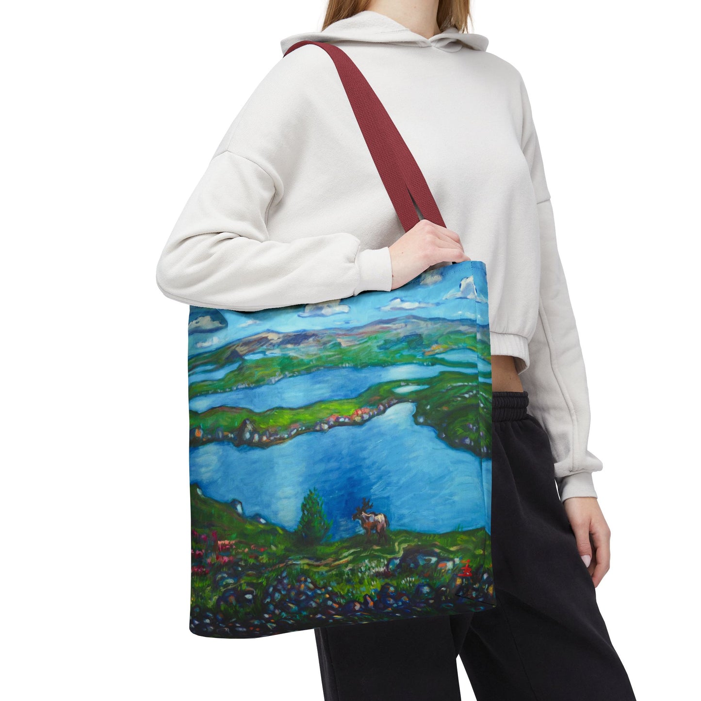Stofftasche mit malerischer Seenlandschaft – Handbemalte Strandtasche mit Küstenkunst