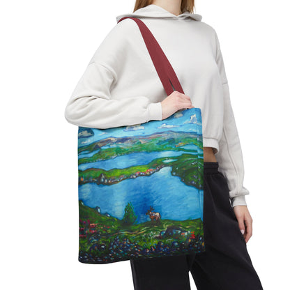 Stofftasche mit malerischer Seenlandschaft – Handbemalte Strandtasche mit Küstenkunst