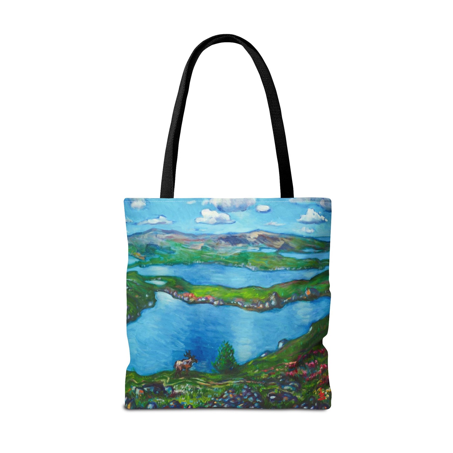 Stofftasche mit malerischer Seenlandschaft – Handbemalte Strandtasche mit Küstenkunst