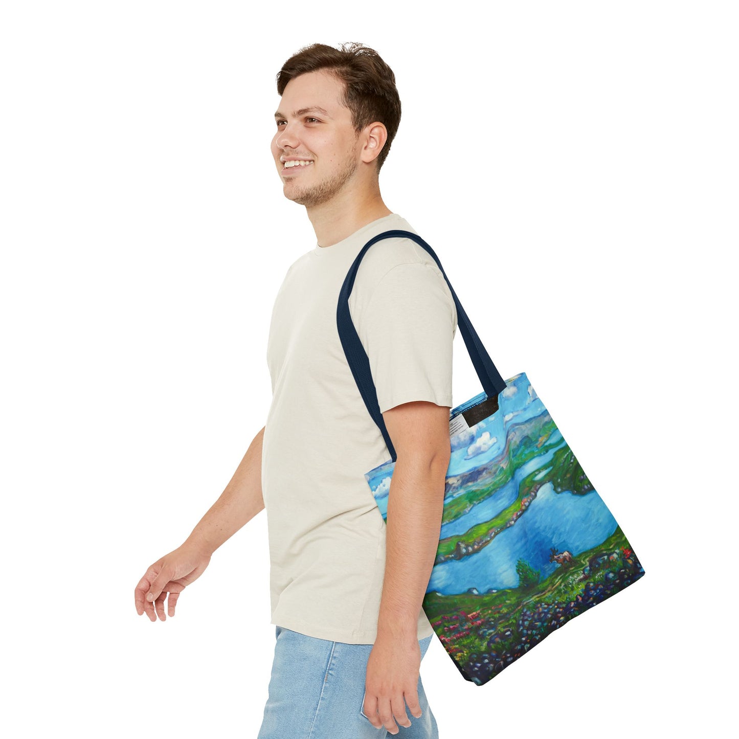 Stofftasche mit malerischer Seenlandschaft – Handbemalte Strandtasche mit Küstenkunst