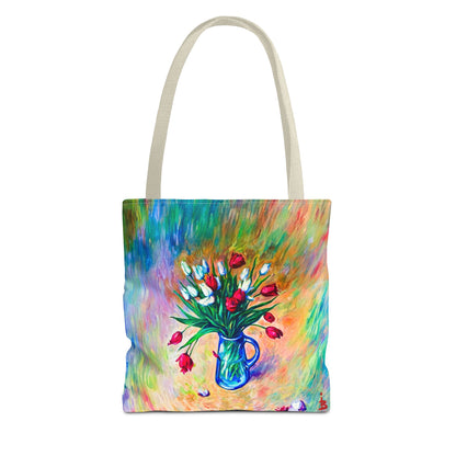 Tragetasche mit Blumenvase – Buntes, impressionistisches Tulpen-Allover-Muster