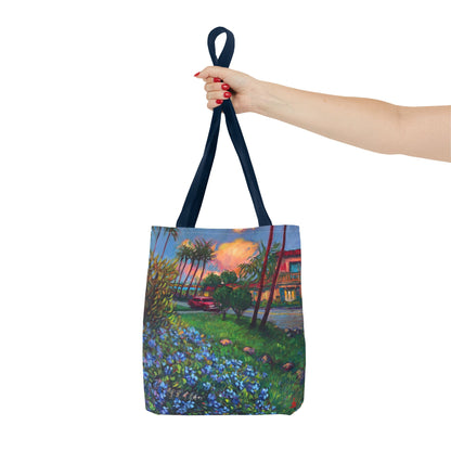 Einkaufstasche mit Sonnenuntergang am Strand – Küstenblumen-Palmen-Allover-Print
