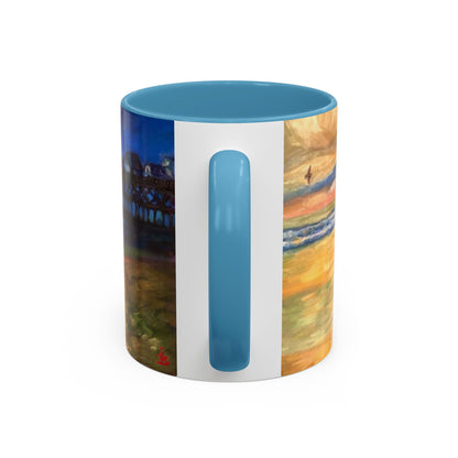 Kaffeebecher mit Akzent: Küstenpier bei Sonnenuntergang – Strandlandschaft 11/15oz