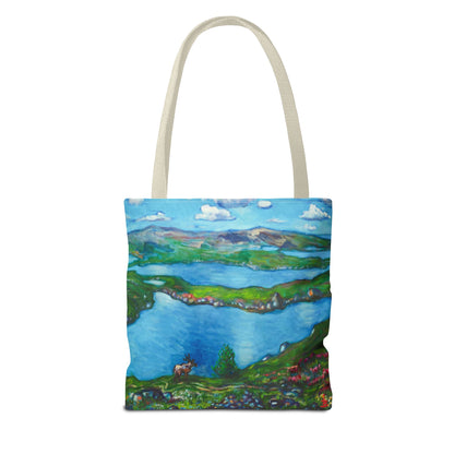 Stofftasche mit malerischer Seenlandschaft – Handbemalte Strandtasche mit Küstenkunst