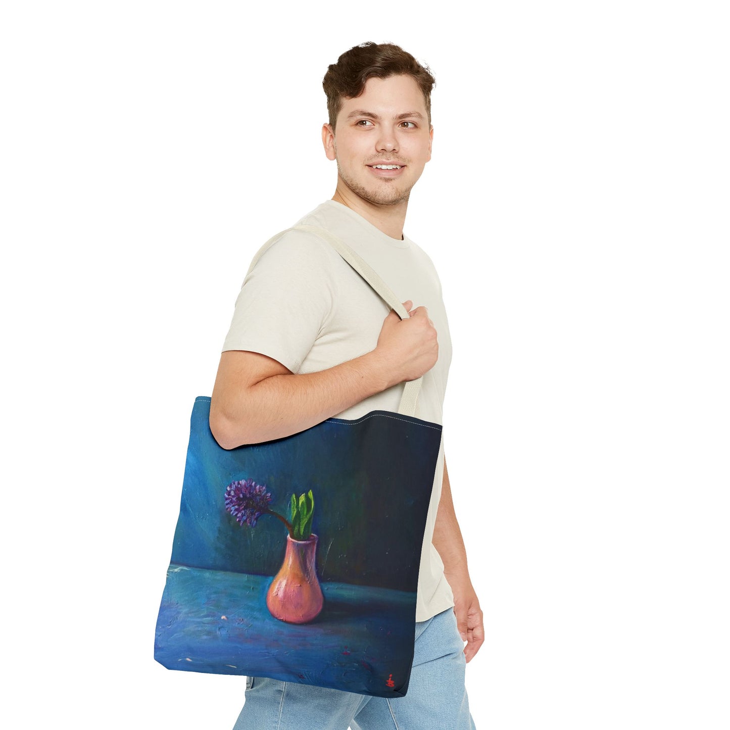 Florale Stillleben-Einkaufstasche – Malereische Vase & Lila Blüte AOP