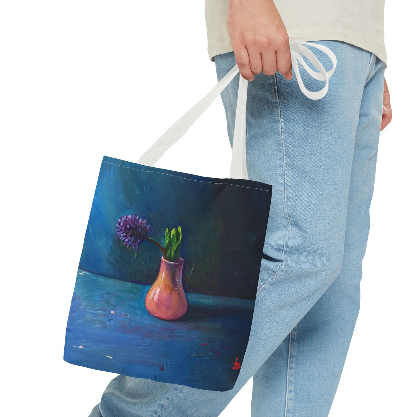 Florale Stillleben-Einkaufstasche – Malereische Vase & Lila Blüte AOP