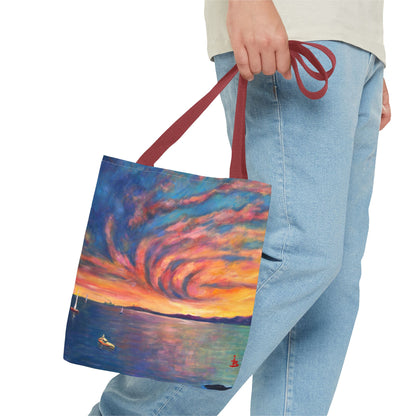 Sunset Swirl Tragetasche – Bunte Tragetasche mit Küstenmotiv und Allover-Print