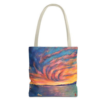 Sunset Swirl Tragetasche – Bunte Tragetasche mit Küstenmotiv und Allover-Print
