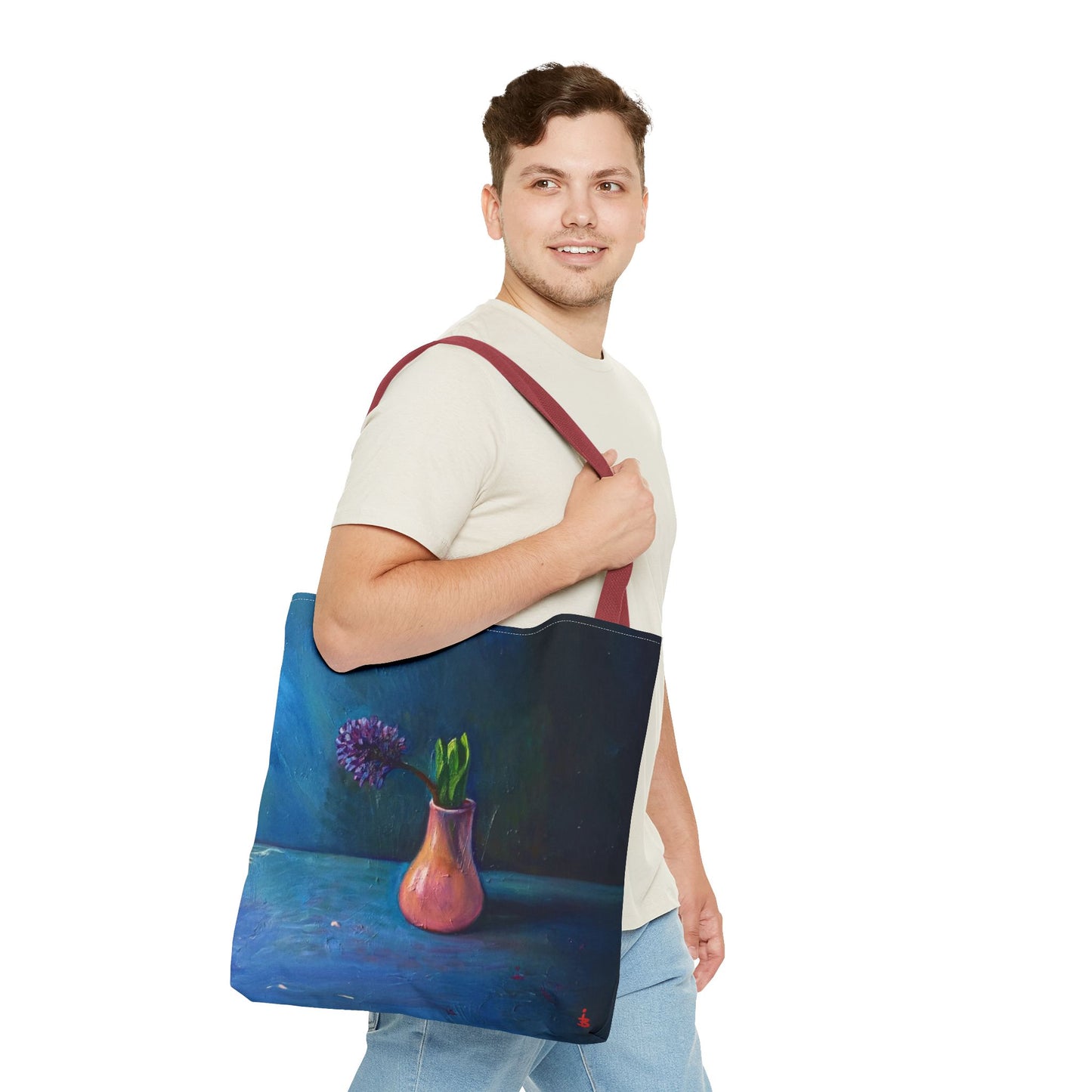 Florale Stillleben-Einkaufstasche – Malereische Vase & Lila Blüte AOP