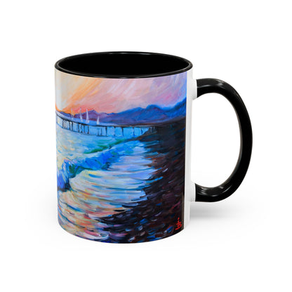 Kaffeetasse „Küsten-Sonnenuntergang“ – Keramiktasse mit Akzent „Seepier“ (325/444 ml)