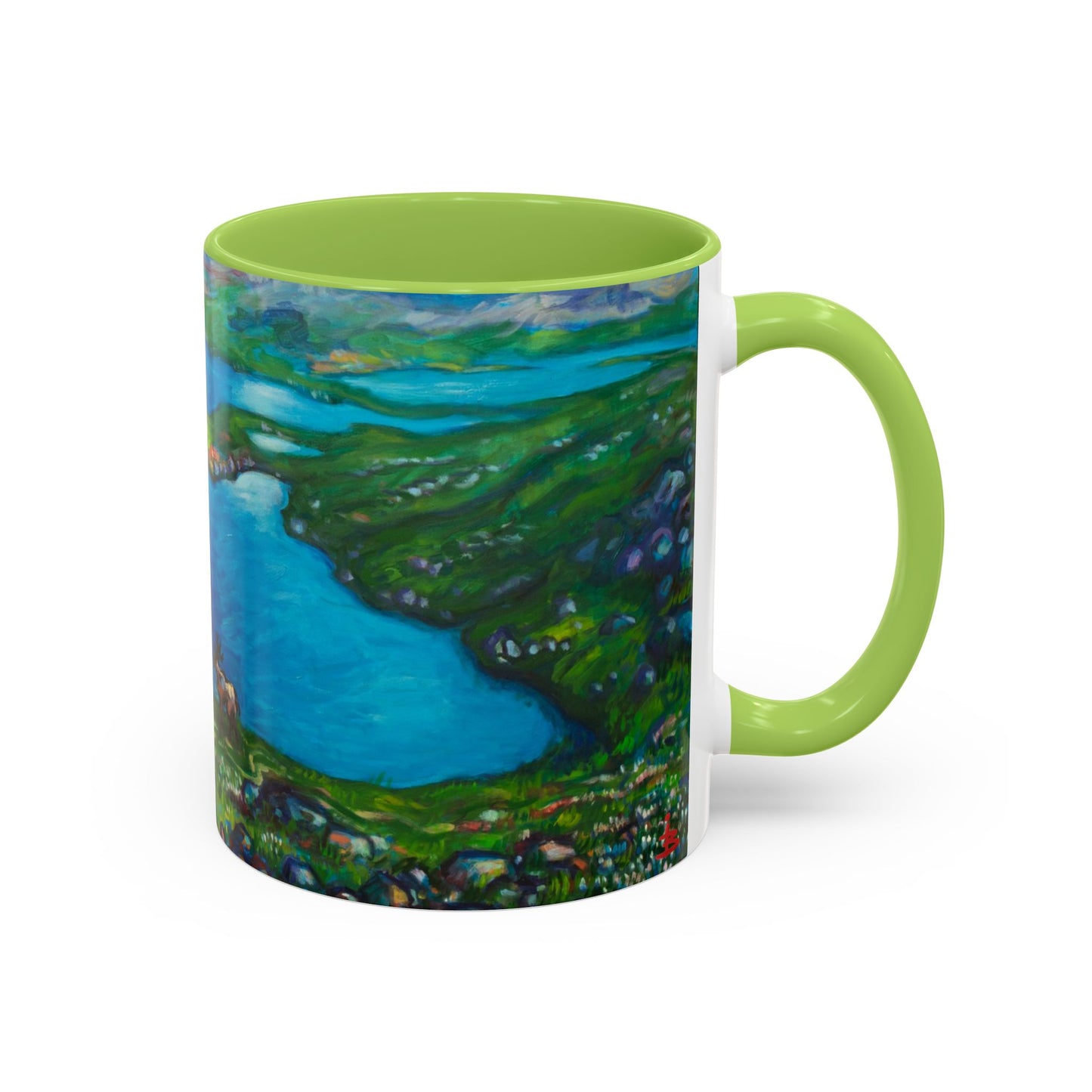 Kaffeetasse „Malerische Seenlandschaft“ – Keramiktasse mit blauem Akzent