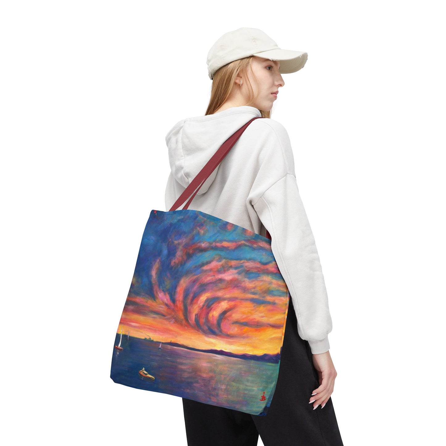 Sunset Swirl Tragetasche – Bunte Tragetasche mit Küstenmotiv und Allover-Print