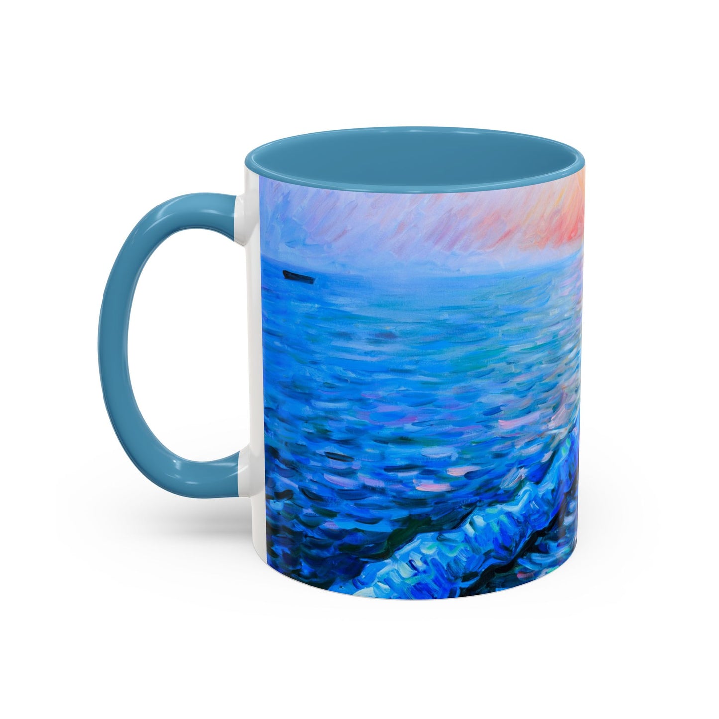 Kaffeetasse „Sonnenaufgang an der Küste“ – Tasse mit Meerespier-Motiv (325 ml)
