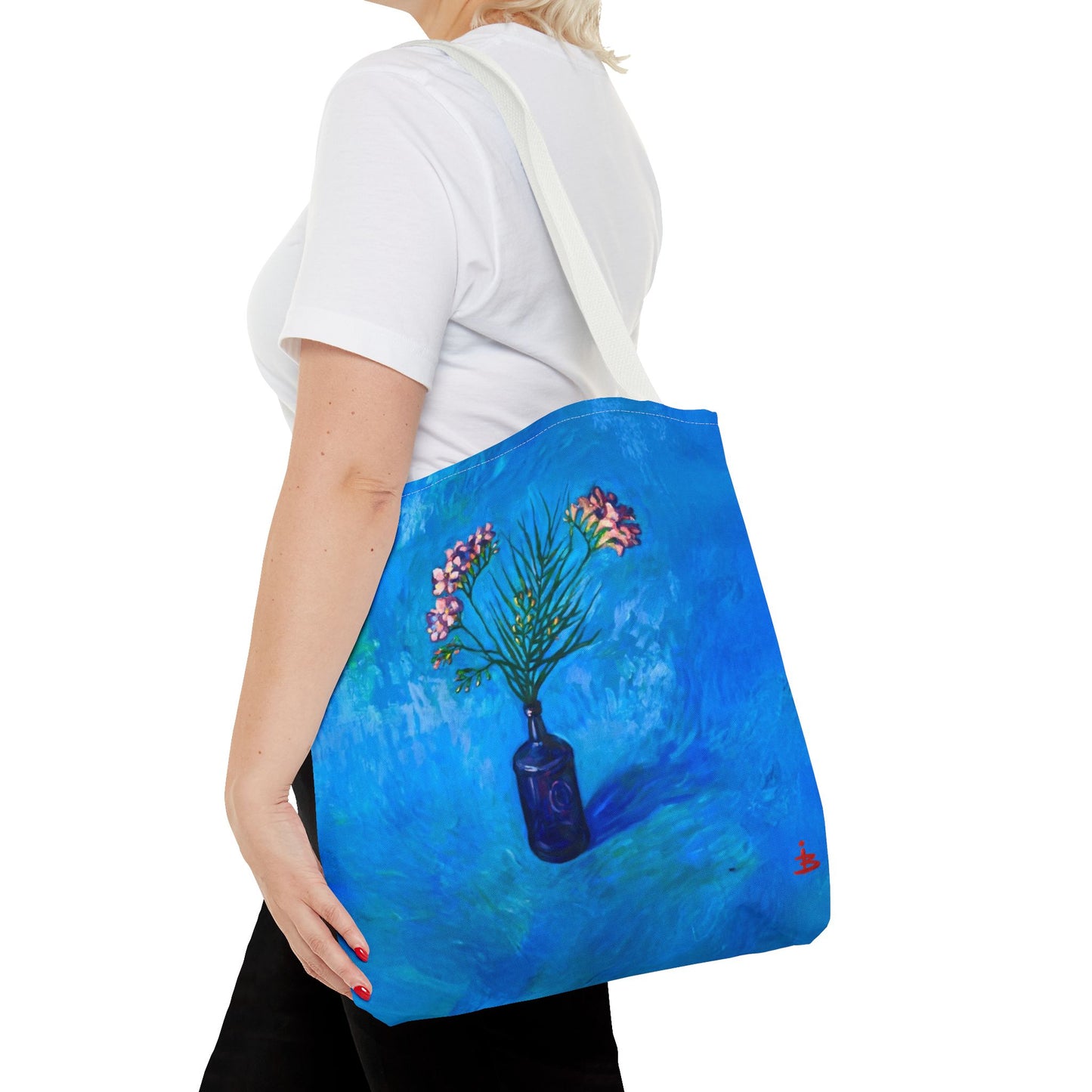 Blauer Shopper mit Blumenmuster – Vase mit rosafarbenen Blumen Allover-Print