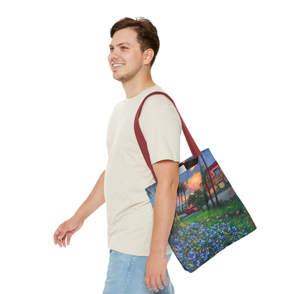 Einkaufstasche mit Sonnenuntergang am Strand – Küstenblumen-Palmen-Allover-Print