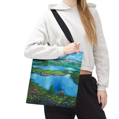 Stofftasche mit malerischer Seenlandschaft – Handbemalte Strandtasche mit Küstenkunst
