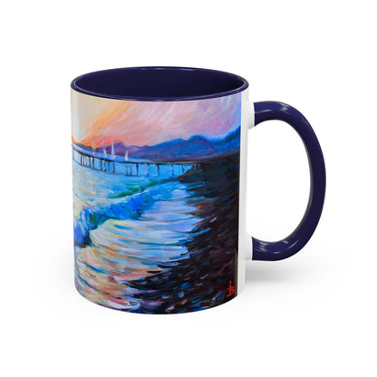 Kaffeetasse „Küsten-Sonnenuntergang“ – Keramiktasse mit Akzent „Seepier“ (325/444 ml)