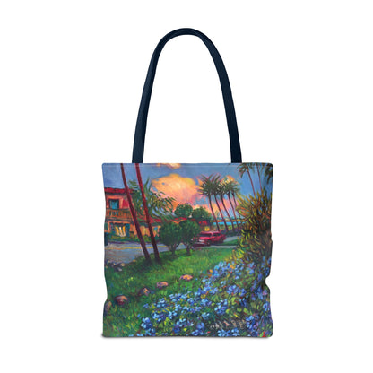 Einkaufstasche mit Sonnenuntergang am Strand – Küstenblumen-Palmen-Allover-Print