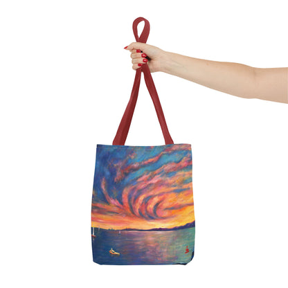 Sunset Swirl Tragetasche – Bunte Tragetasche mit Küstenmotiv und Allover-Print