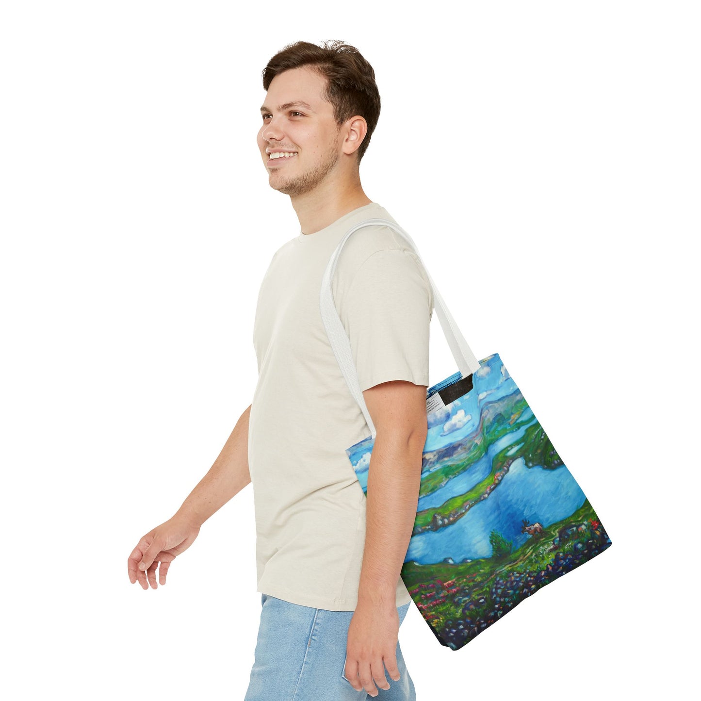 Stofftasche mit malerischer Seenlandschaft – Handbemalte Strandtasche mit Küstenkunst