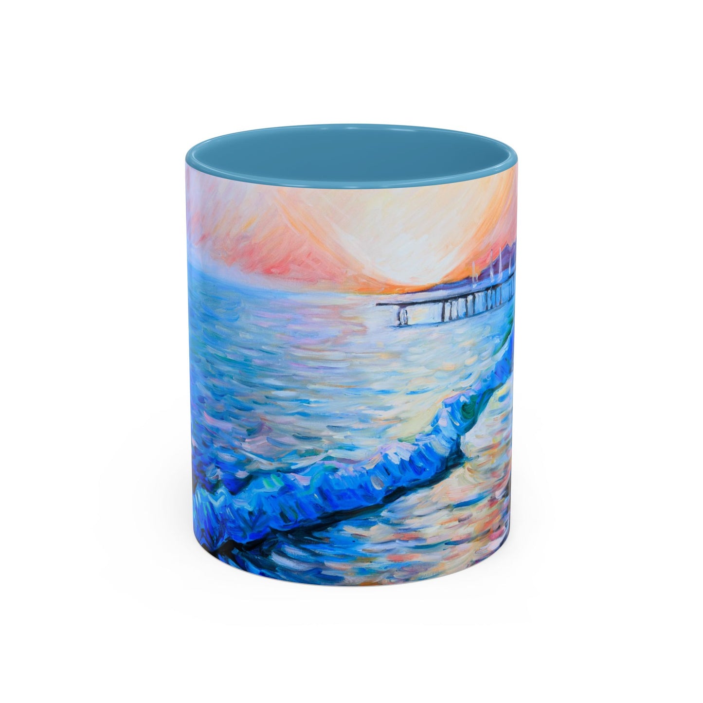 Kaffeetasse „Küsten-Sonnenuntergang“ – Keramiktasse mit Akzent „Seepier“ (325/444 ml)