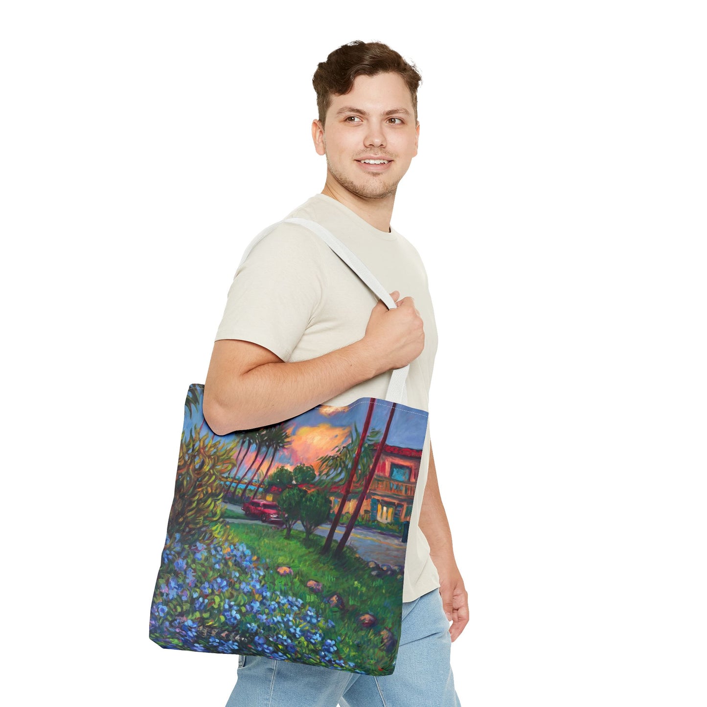 Einkaufstasche mit Sonnenuntergang am Strand – Küstenblumen-Palmen-Allover-Print