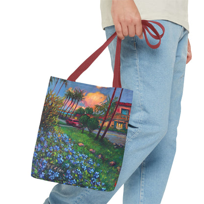 Einkaufstasche mit Sonnenuntergang am Strand – Küstenblumen-Palmen-Allover-Print
