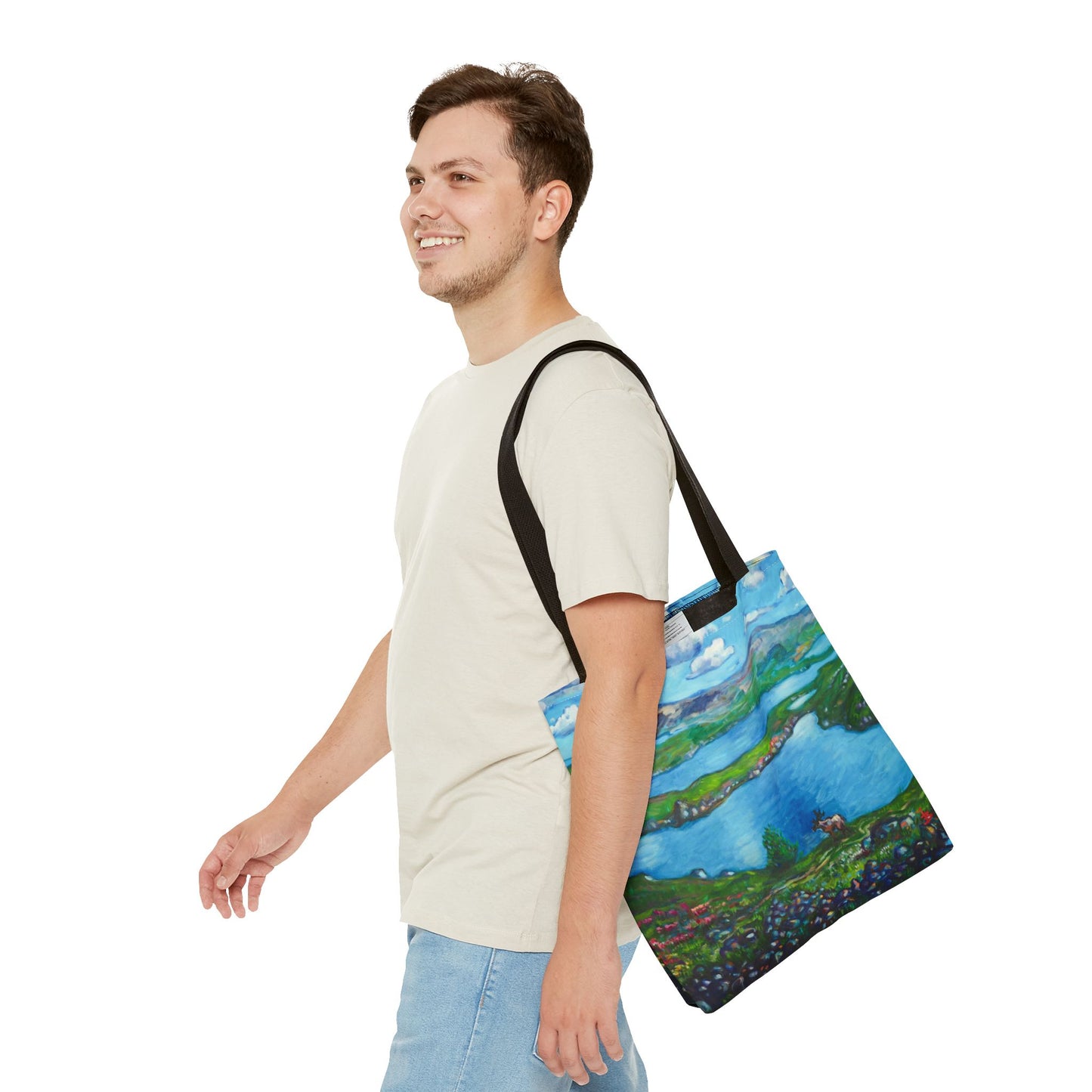 Stofftasche mit malerischer Seenlandschaft – Handbemalte Strandtasche mit Küstenkunst