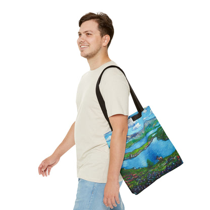 Stofftasche mit malerischer Seenlandschaft – Handbemalte Strandtasche mit Küstenkunst