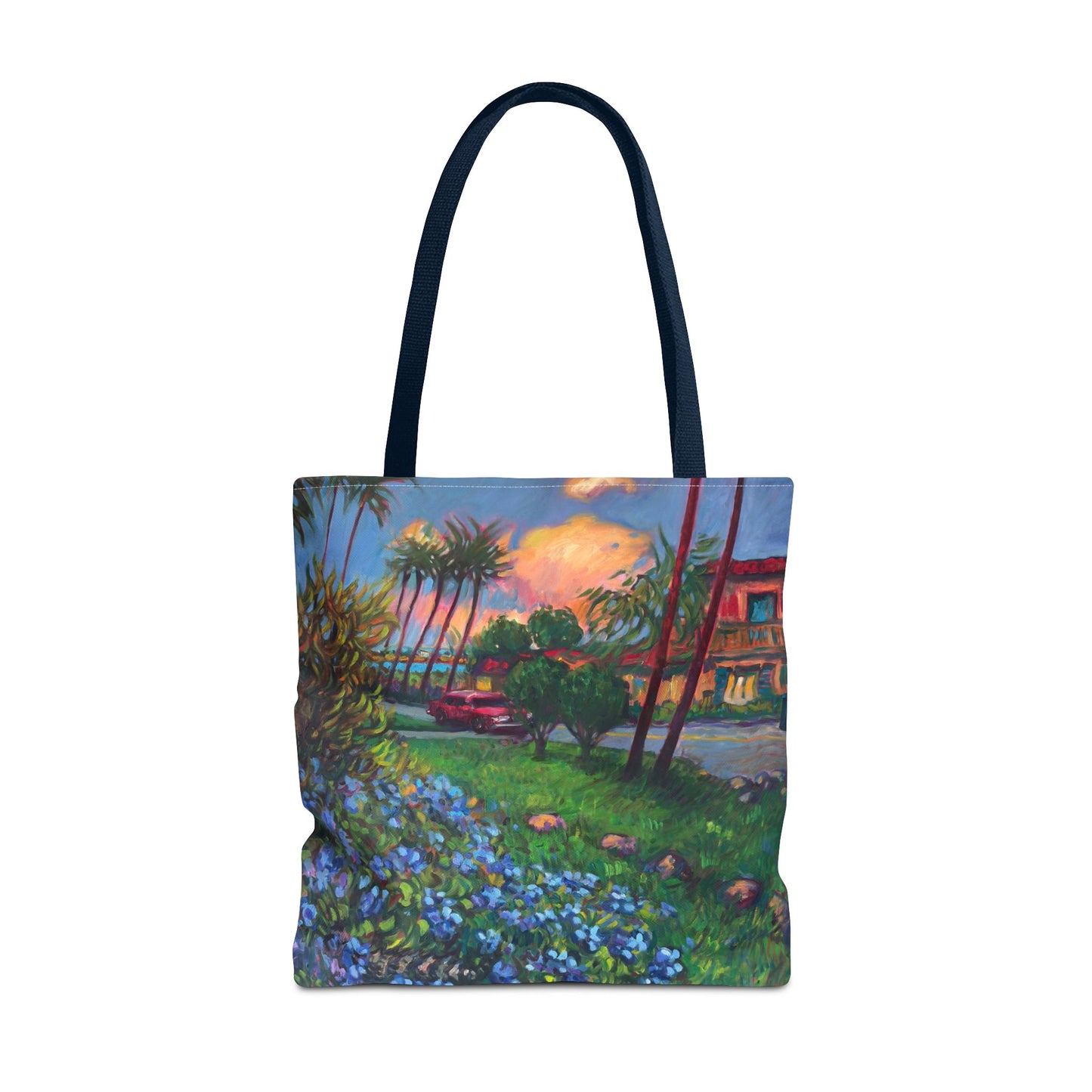Einkaufstasche mit Sonnenuntergang am Strand – Küstenblumen-Palmen-Allover-Print