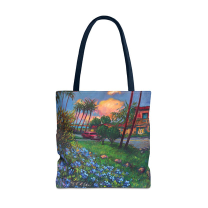 Einkaufstasche mit Sonnenuntergang am Strand – Küstenblumen-Palmen-Allover-Print