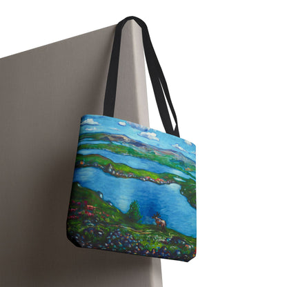 Stofftasche mit malerischer Seenlandschaft – Handbemalte Strandtasche mit Küstenkunst