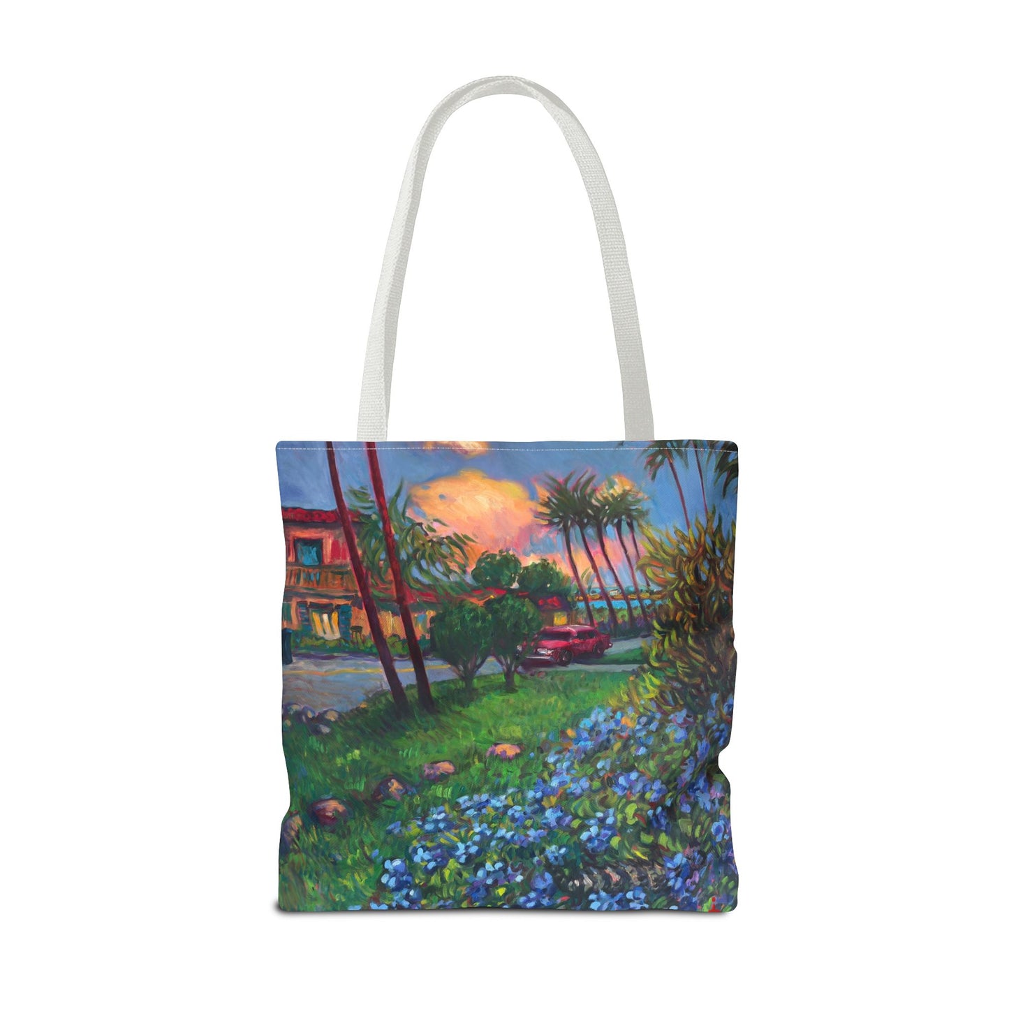Einkaufstasche mit Sonnenuntergang am Strand – Küstenblumen-Palmen-Allover-Print