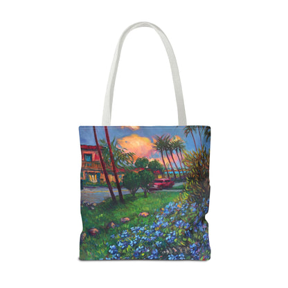 Einkaufstasche mit Sonnenuntergang am Strand – Küstenblumen-Palmen-Allover-Print
