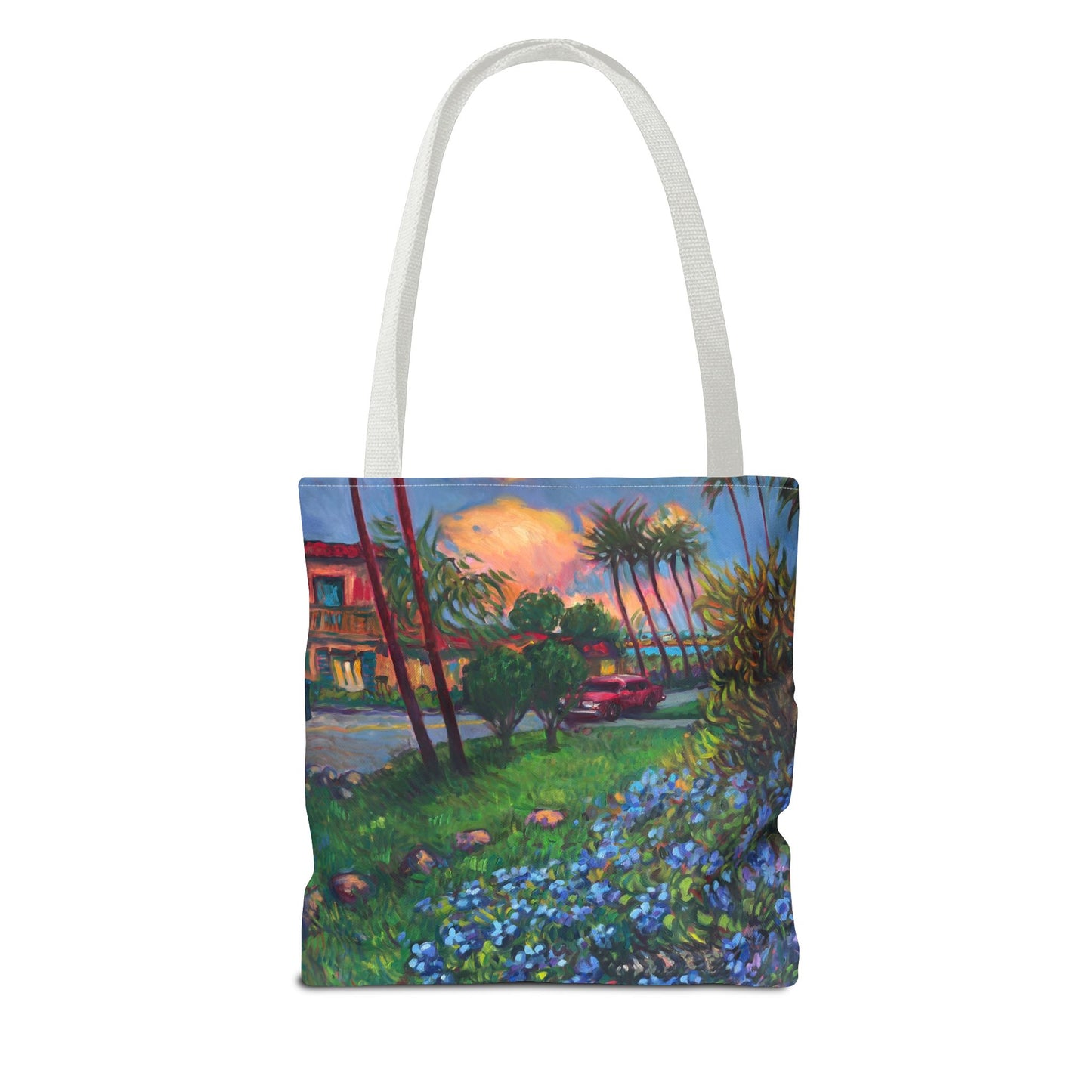 Einkaufstasche mit Sonnenuntergang am Strand – Küstenblumen-Palmen-Allover-Print