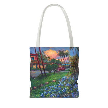 Einkaufstasche mit Sonnenuntergang am Strand – Küstenblumen-Palmen-Allover-Print