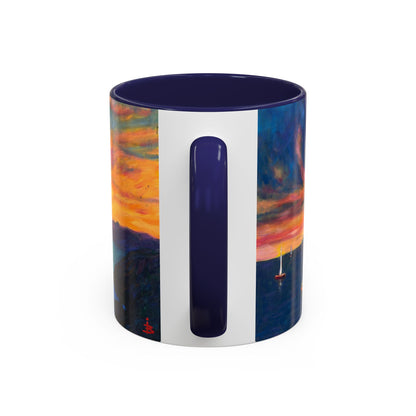 Kaffeetasse mit Akzent „Sonnenuntergang am Meer“ – Farbenfrohes Kunstwerk zum Sonnenuntergang am Meer (11/15 oz)