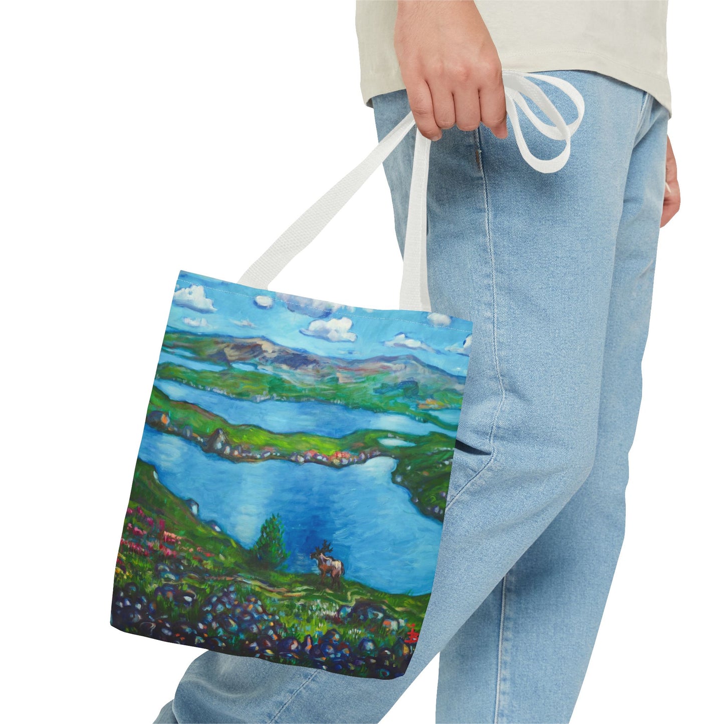 Stofftasche mit malerischer Seenlandschaft – Handbemalte Strandtasche mit Küstenkunst