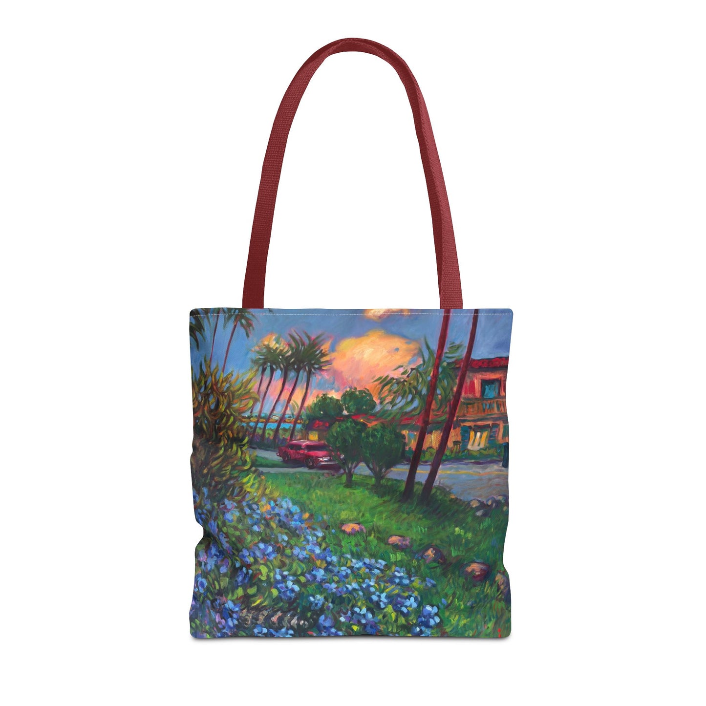 Einkaufstasche mit Sonnenuntergang am Strand – Küstenblumen-Palmen-Allover-Print