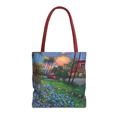 Einkaufstasche mit Sonnenuntergang am Strand – Küstenblumen-Palmen-Allover-Print