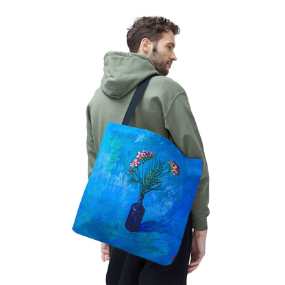 Blauer Shopper mit Blumenmuster – Vase mit rosafarbenen Blumen Allover-Print
