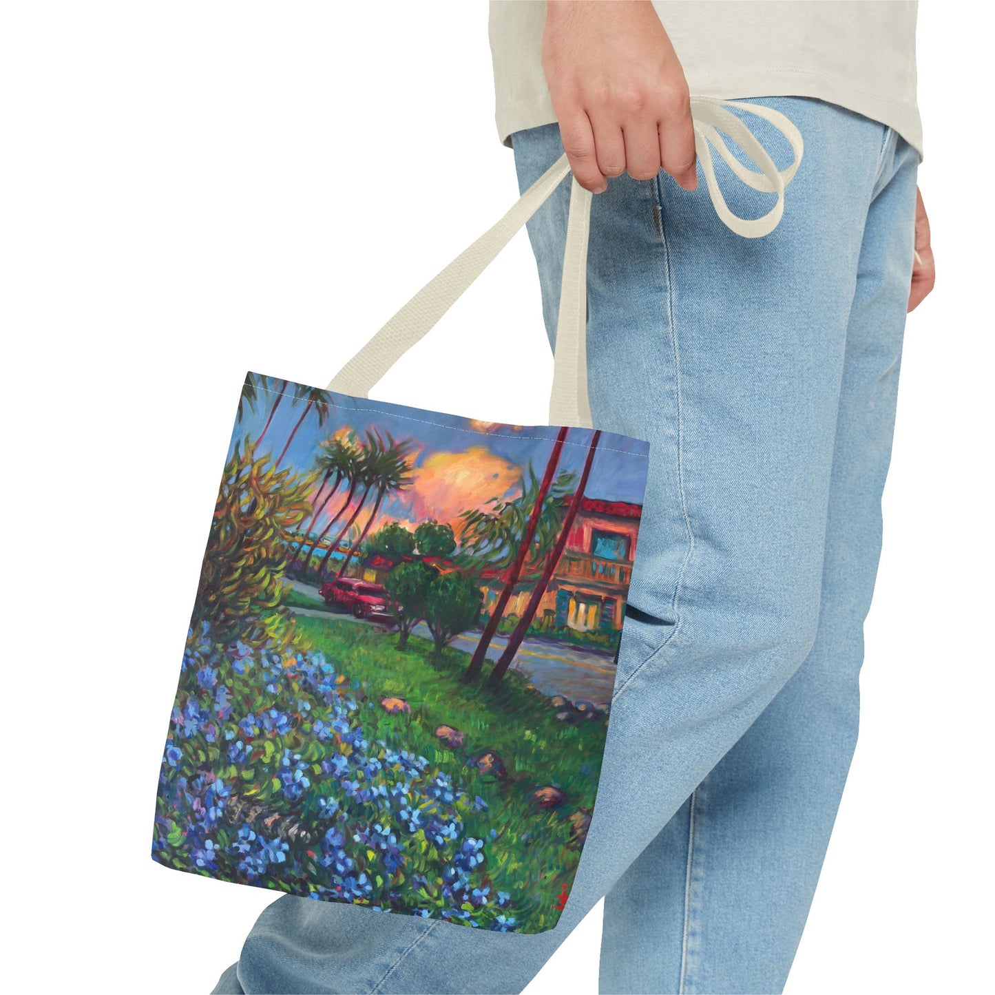 Einkaufstasche mit Sonnenuntergang am Strand – Küstenblumen-Palmen-Allover-Print