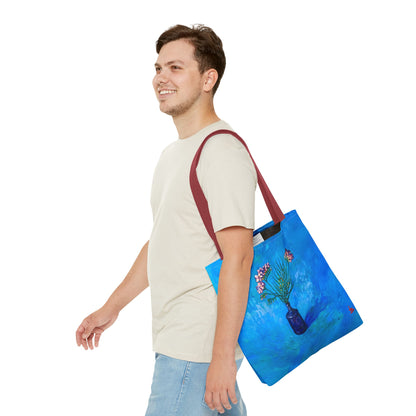 Blauer Shopper mit Blumenmuster – Vase mit rosafarbenen Blumen Allover-Print