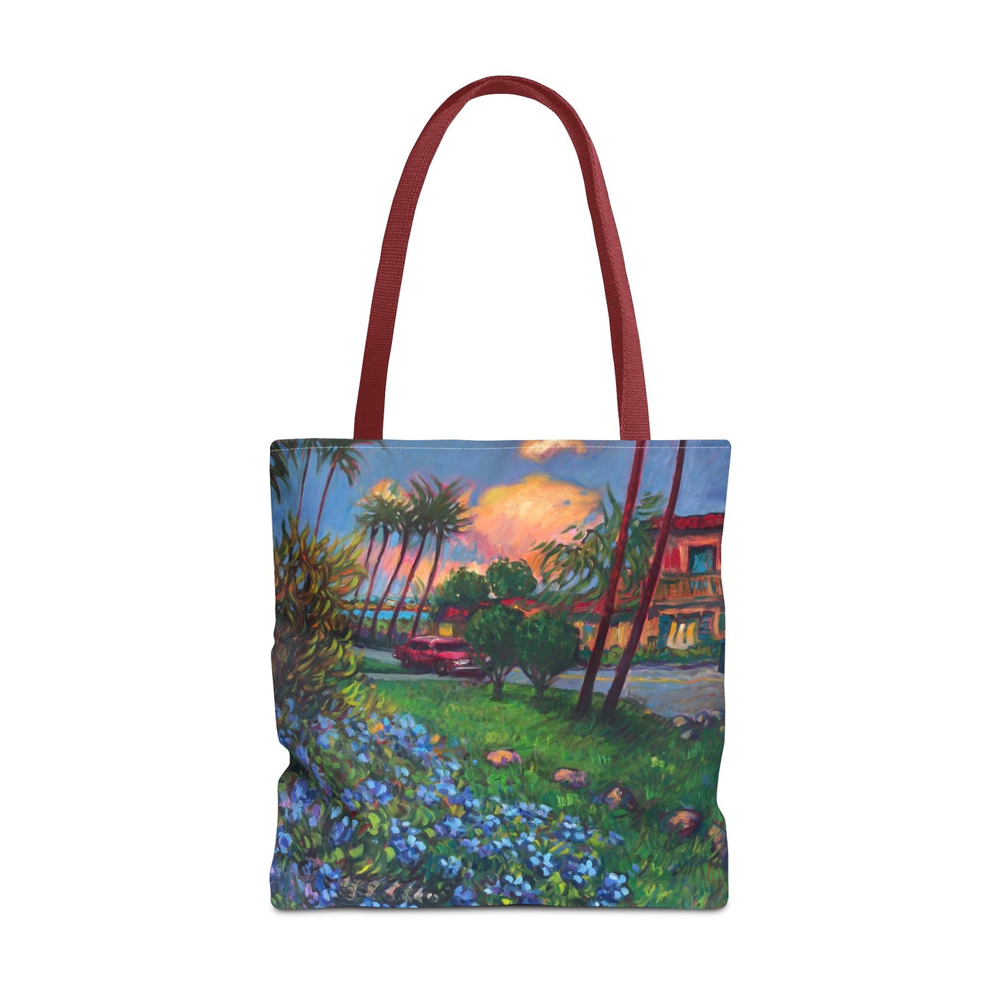 Einkaufstasche mit Sonnenuntergang am Strand – Küstenblumen-Palmen-Allover-Print