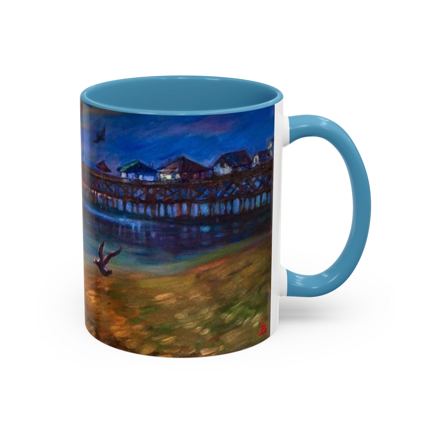 Kaffeebecher mit Akzent: Küstenpier bei Sonnenuntergang – Strandlandschaft 11/15oz