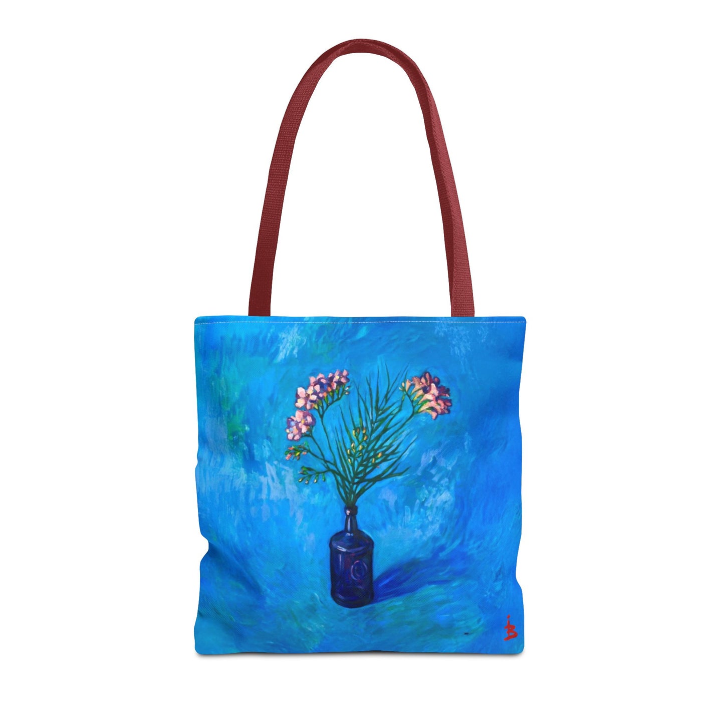 Blauer Shopper mit Blumenmuster – Vase mit rosafarbenen Blumen Allover-Print