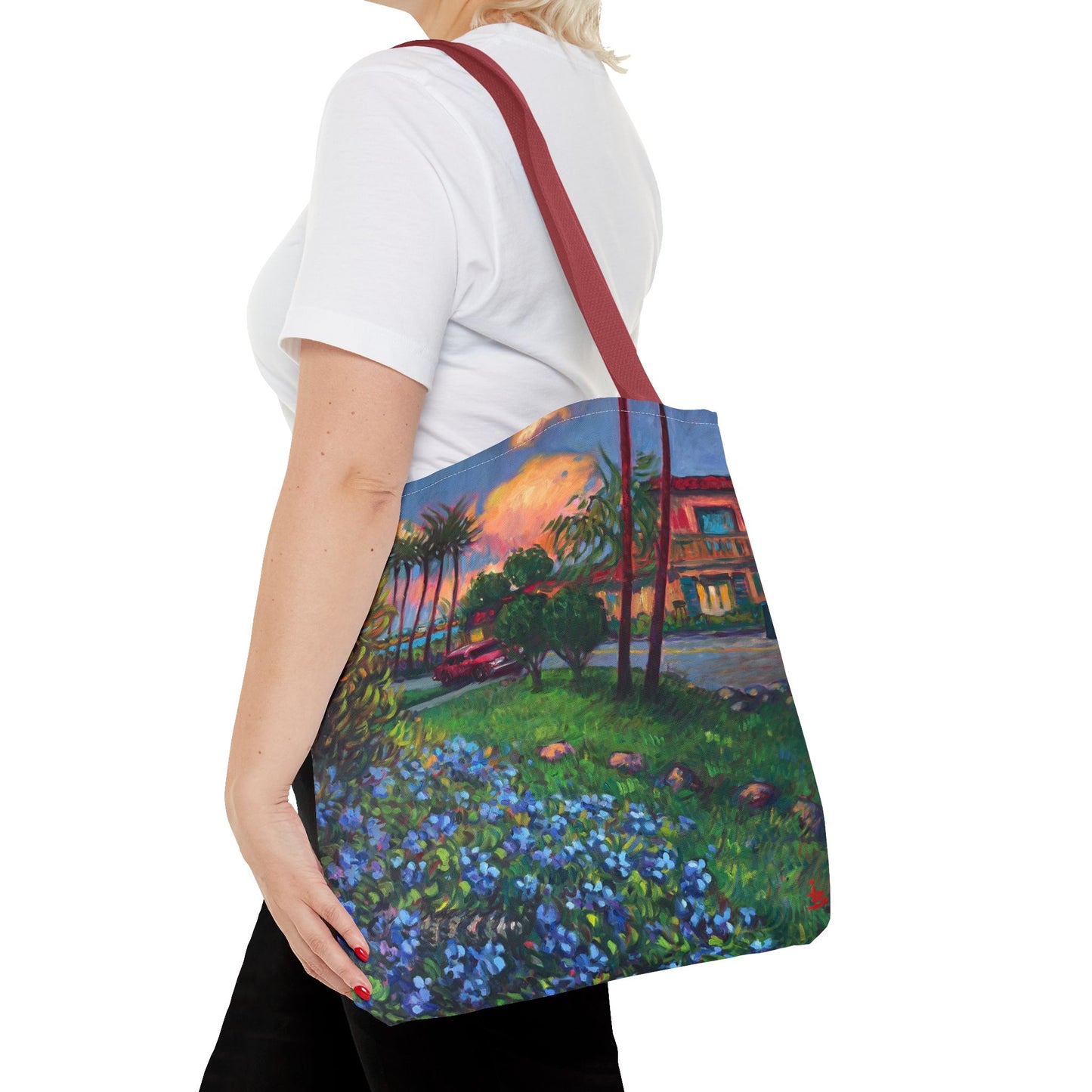 Einkaufstasche mit Sonnenuntergang am Strand – Küstenblumen-Palmen-Allover-Print