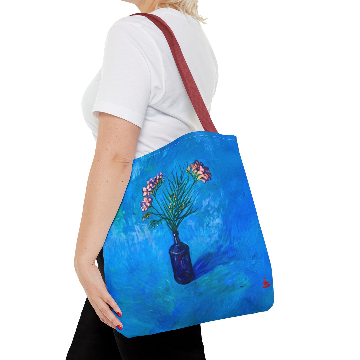 Blauer Shopper mit Blumenmuster – Vase mit rosafarbenen Blumen Allover-Print