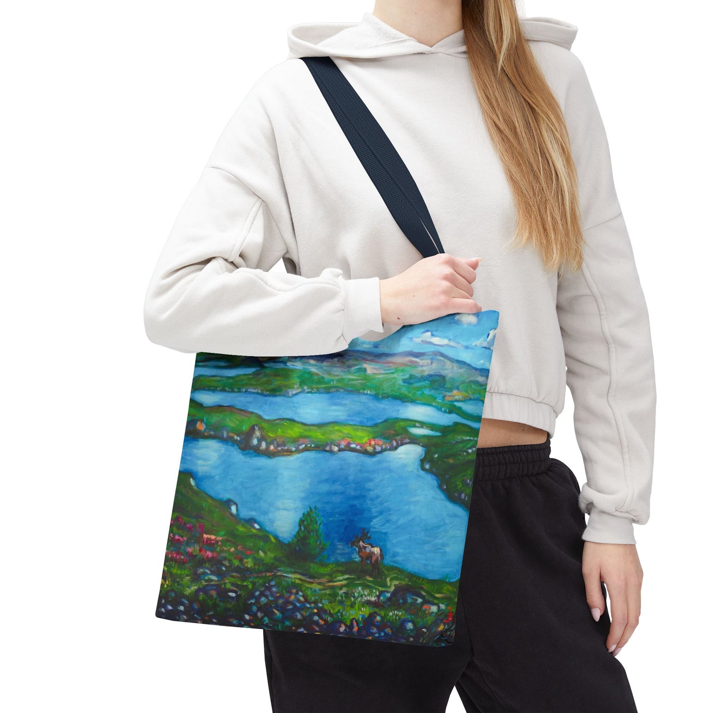 Stofftasche mit malerischer Seenlandschaft – Handbemalte Strandtasche mit Küstenkunst